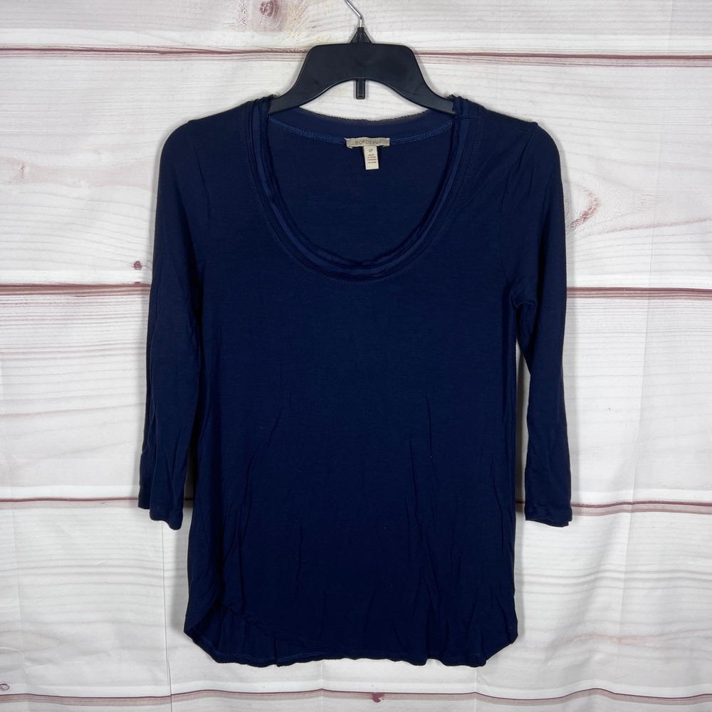 Bordeaux Scoop Neck Top Womens Small Navy Blue Solid 3/4 Sleeve T-Shirt Basic
